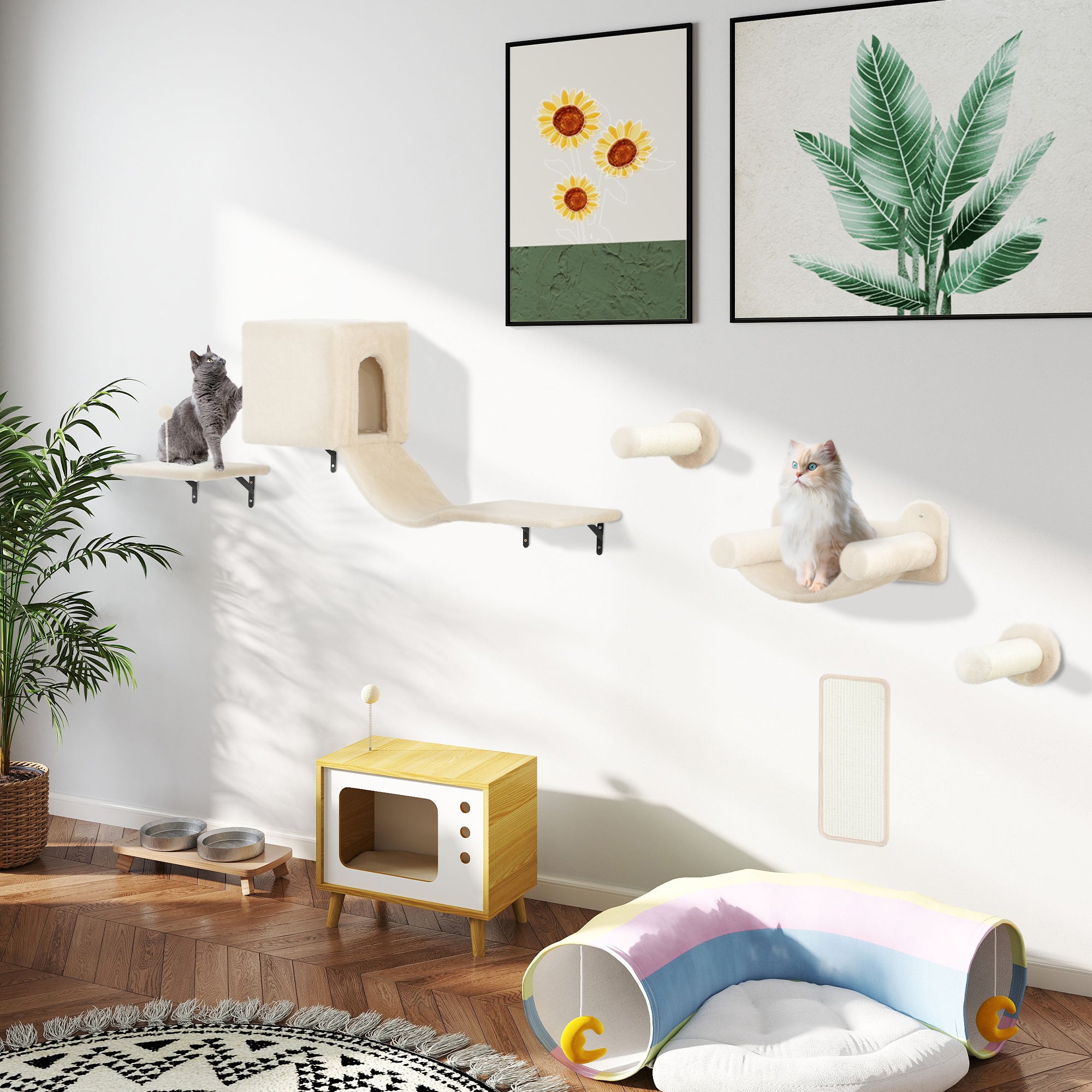 6-Piece Cat Climbing Wall Set Cat Shelves with Condo Platform Hammock Stairs Perch Scratching Board Sisal Post Toy Ball Beige