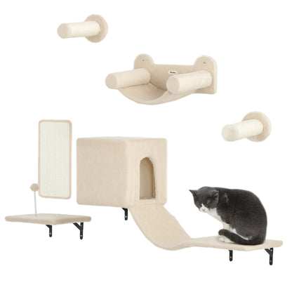 6-Piece Cat Climbing Wall Set Cat Shelves with Condo Platform Hammock Stairs Perch Scratching Board Sisal Post Toy Ball Beige