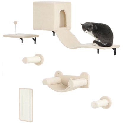 6-Piece Cat Climbing Wall Set Cat Shelves with Condo Platform Hammock Stairs Perch Scratching Board Sisal Post Toy Ball Beige