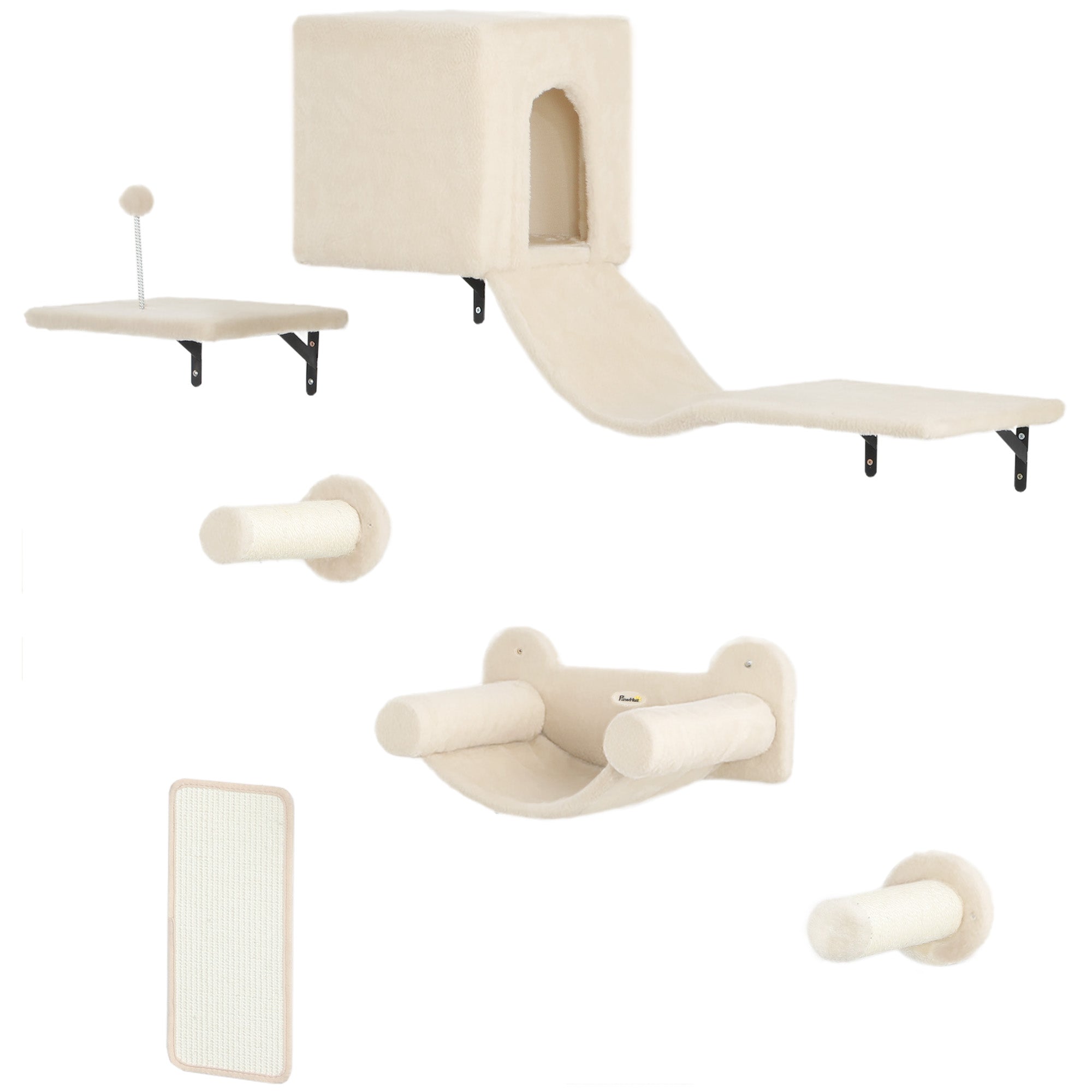 6-Piece Cat Climbing Wall Set Cat Shelves with Condo Platform Hammock Stairs Perch Scratching Board Sisal Post Toy Ball Beige