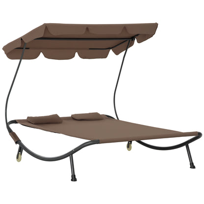 Double Sun Lounger with Adjustable Parasol for Outdoor and Garden 200x175x134cm Brown