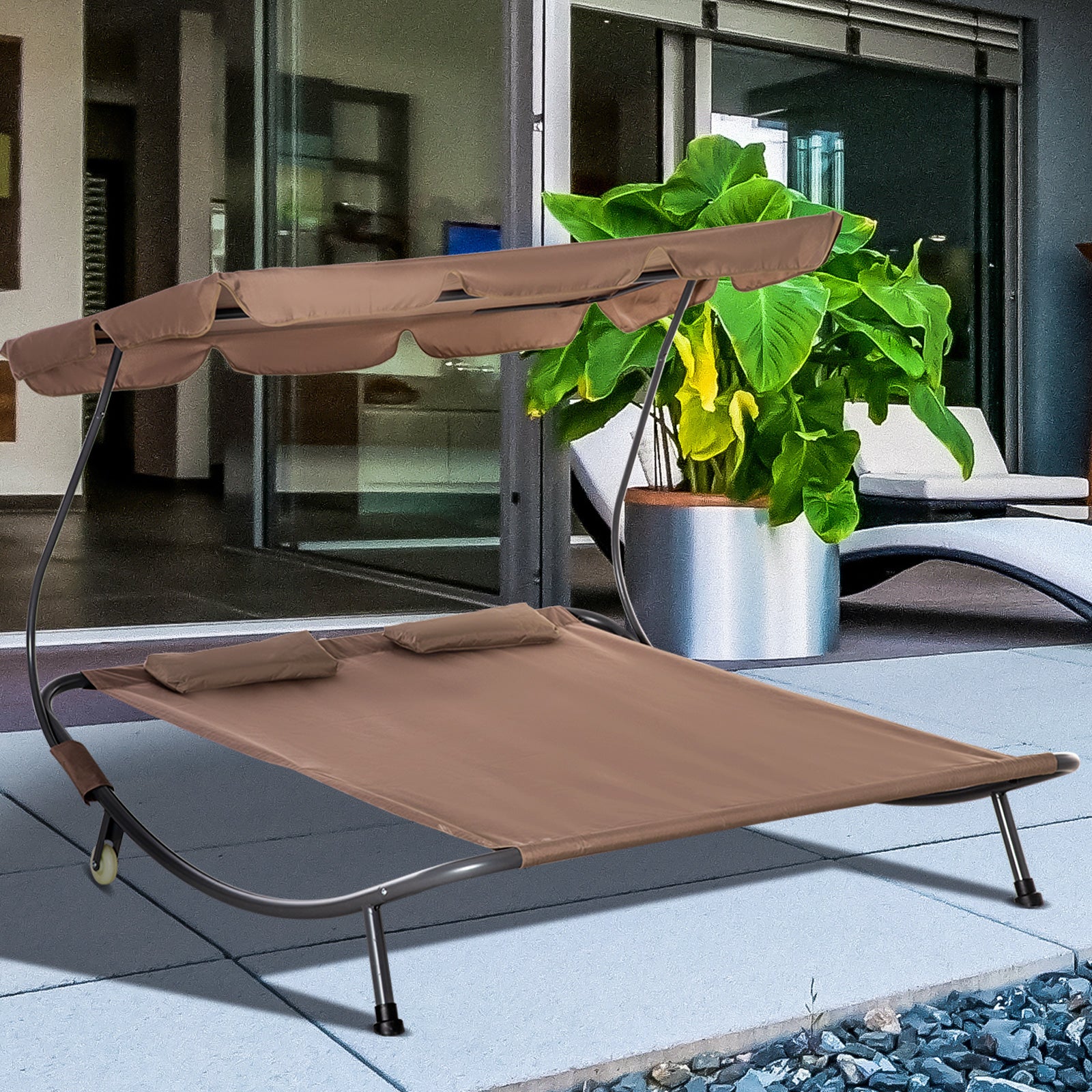 Double Sun Lounger with Adjustable Parasol for Outdoor and Garden 200x175x134cm Brown