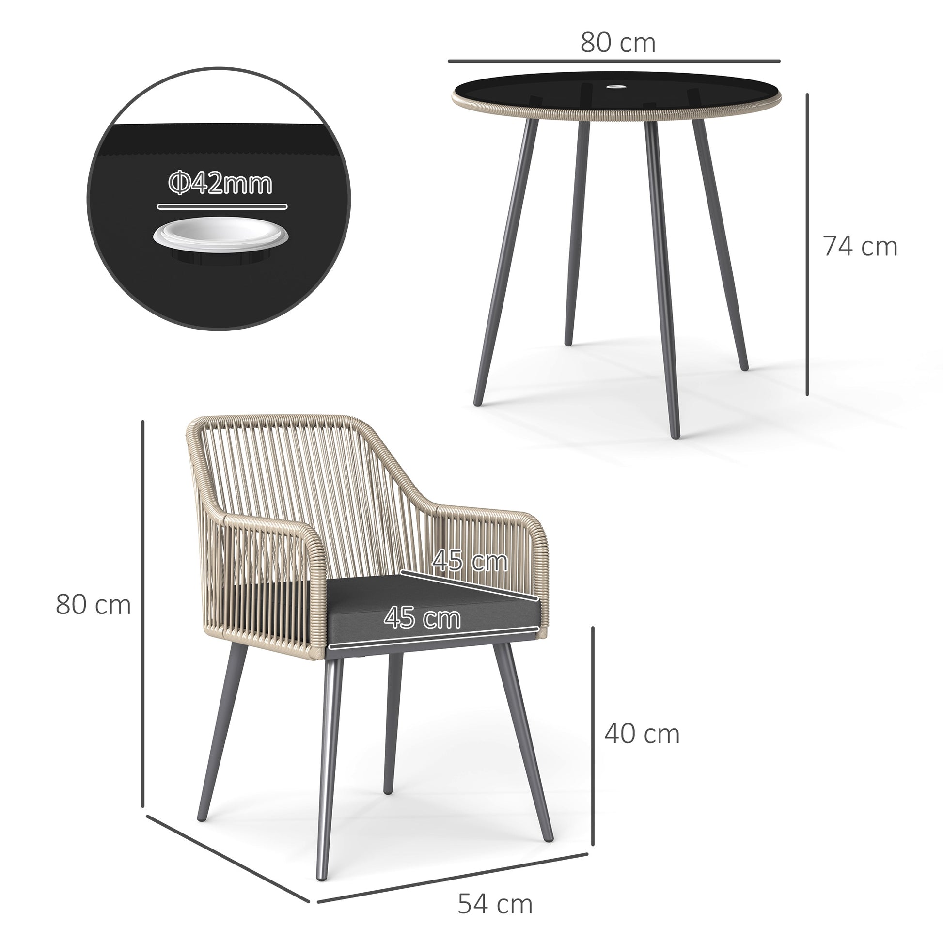 4-Seater outdoor garden set in brown rattan resin, outdoor table and chairs with cushions and round glass table, for terrace, patio, balcony, brown