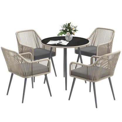 4-Seater outdoor garden set in brown rattan resin, outdoor table and chairs with cushions and round glass table, for terrace, patio, balcony, brown