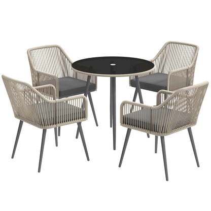 4-Seater outdoor garden set in brown rattan resin, outdoor table and chairs with cushions and round glass table, for terrace, patio, balcony, brown
