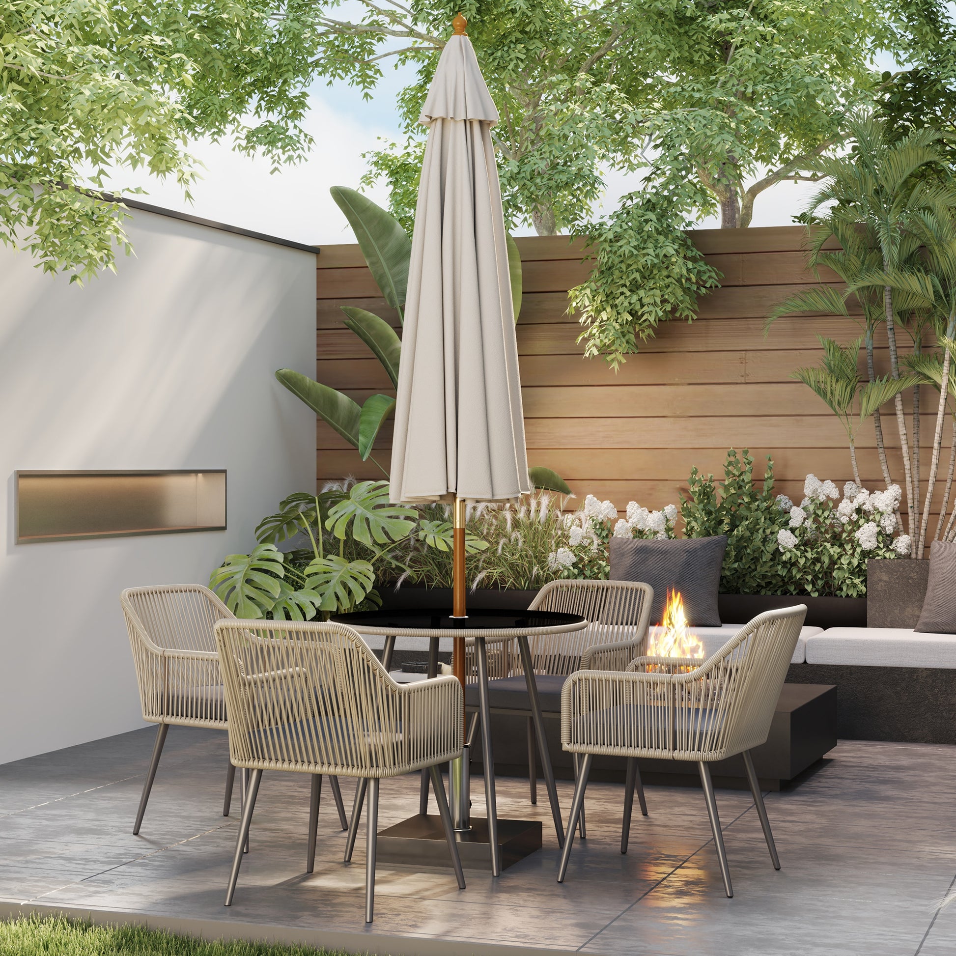 4-Seater outdoor garden set in brown rattan resin, outdoor table and chairs with cushions and round glass table, for terrace, patio, balcony, brown