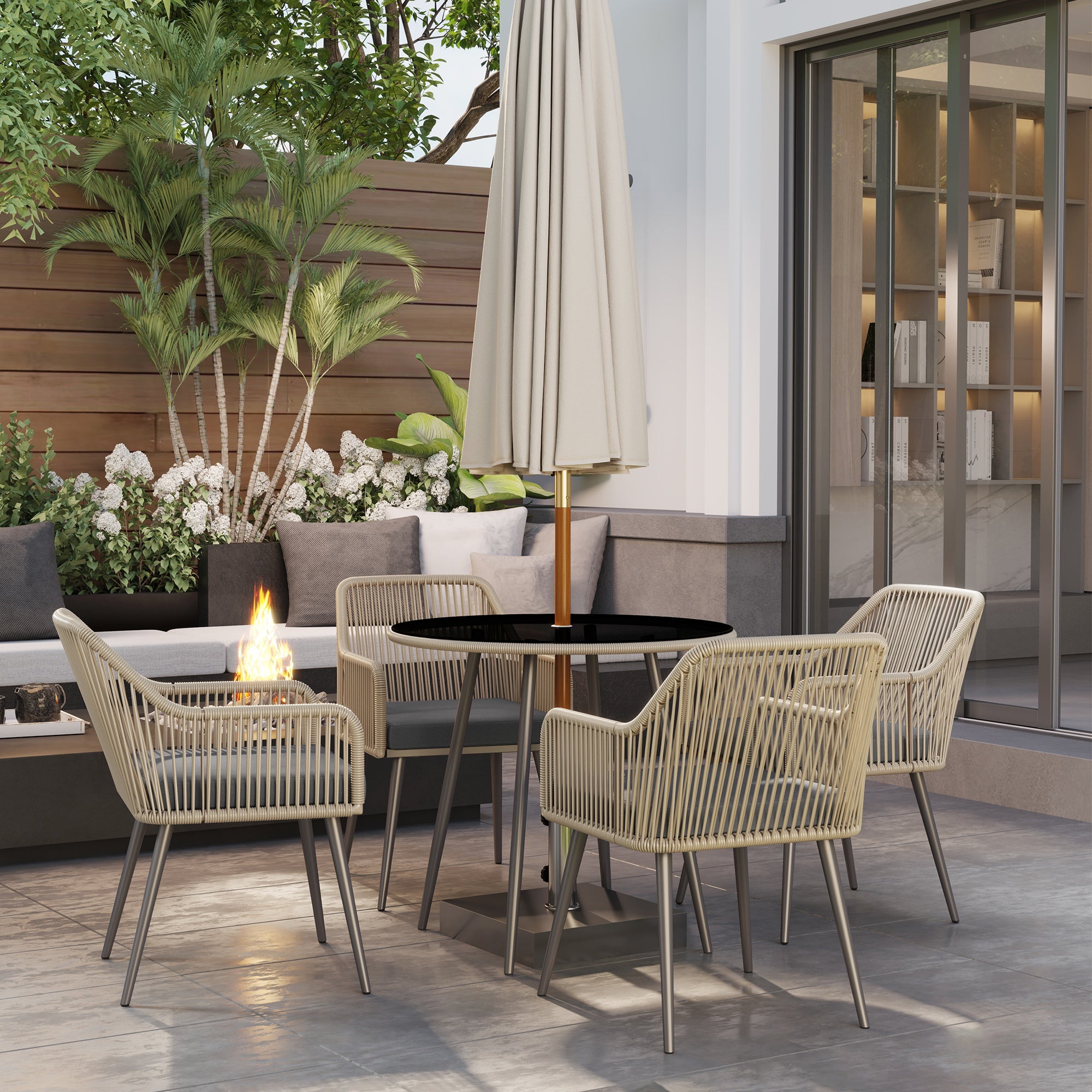 4-Seater outdoor garden set in brown rattan resin, outdoor table and chairs with cushions and round glass table, for terrace, patio, balcony, brown