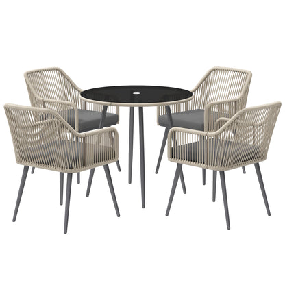 4-Seater outdoor garden set in brown rattan resin, outdoor table and chairs with cushions and round glass table, for terrace, patio, balcony, brown