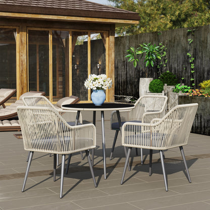 4-Seater outdoor garden set in brown rattan resin, outdoor table and chairs with cushions and round glass table, for terrace, patio, balcony, brown