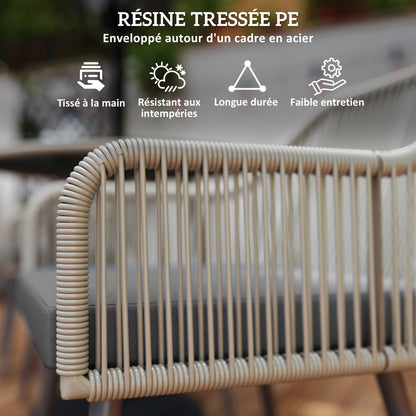 4-Seater outdoor garden set in brown rattan resin, outdoor table and chairs with cushions and round glass table, for terrace, patio, balcony, brown