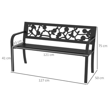 Steel Garden Bench, 2-Seater Outdoor Bench with Decorated Backrest and Armrests, 127x50x75cm, Black