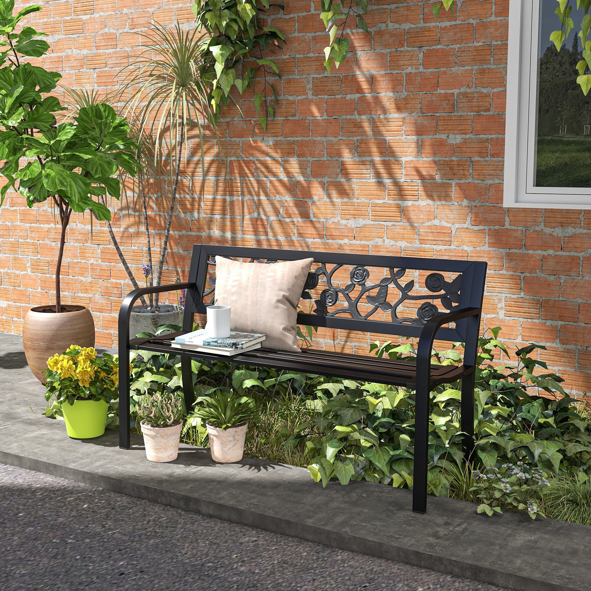 Steel Garden Bench, 2-Seater Outdoor Bench with Decorated Backrest and Armrests, 127x50x75cm, Black