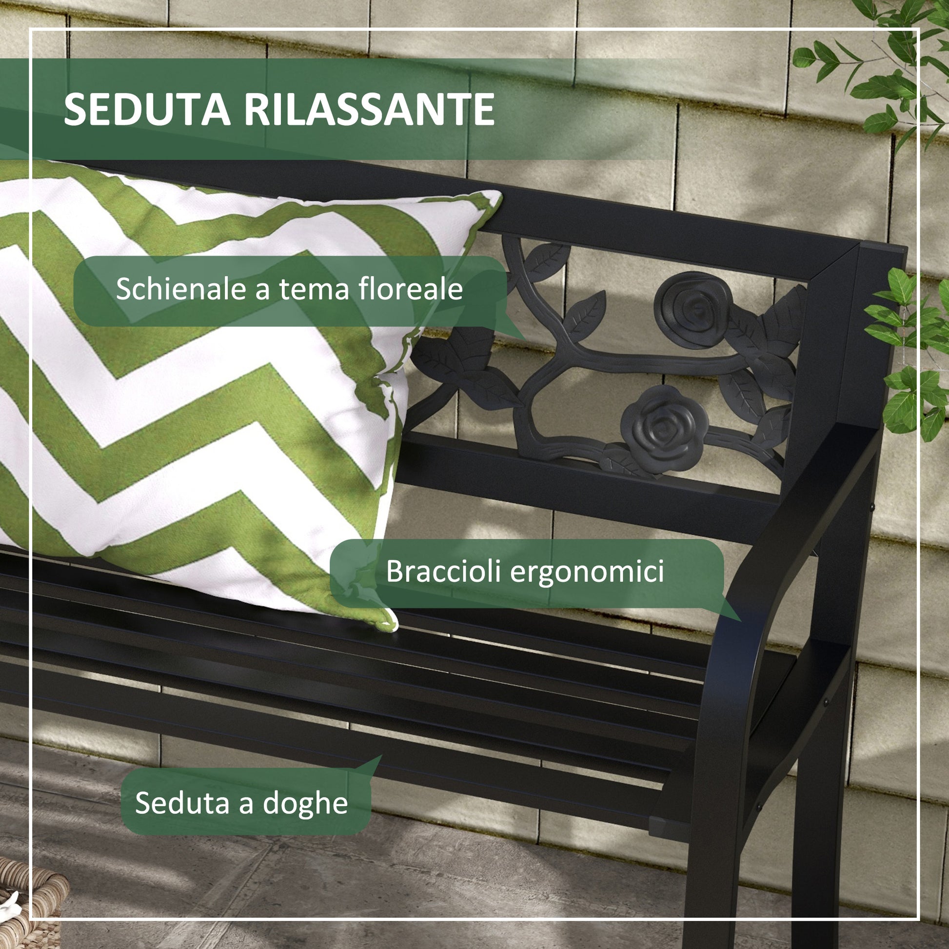 Steel Garden Bench, 2-Seater Outdoor Bench with Decorated Backrest and Armrests, 127x50x75cm, Black