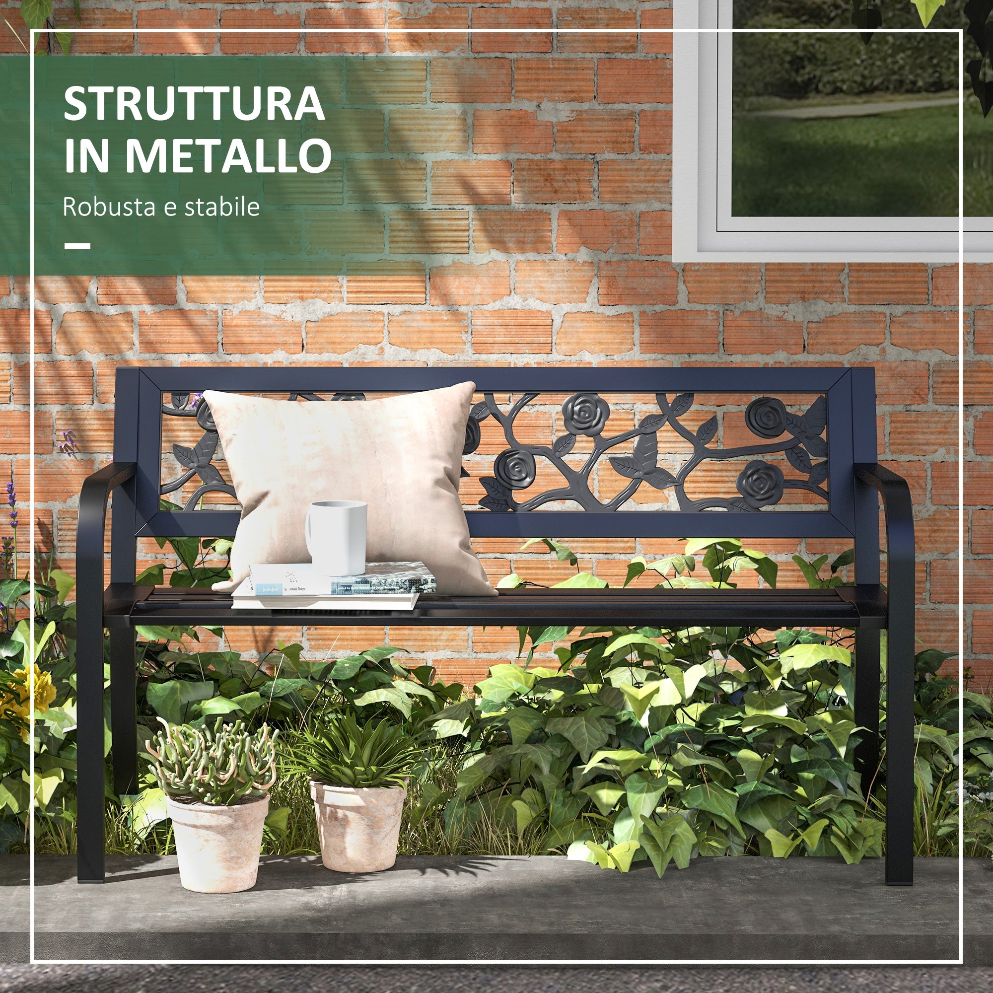 Steel Garden Bench, 2-Seater Outdoor Bench with Decorated Backrest and Armrests, 127x50x75cm, Black