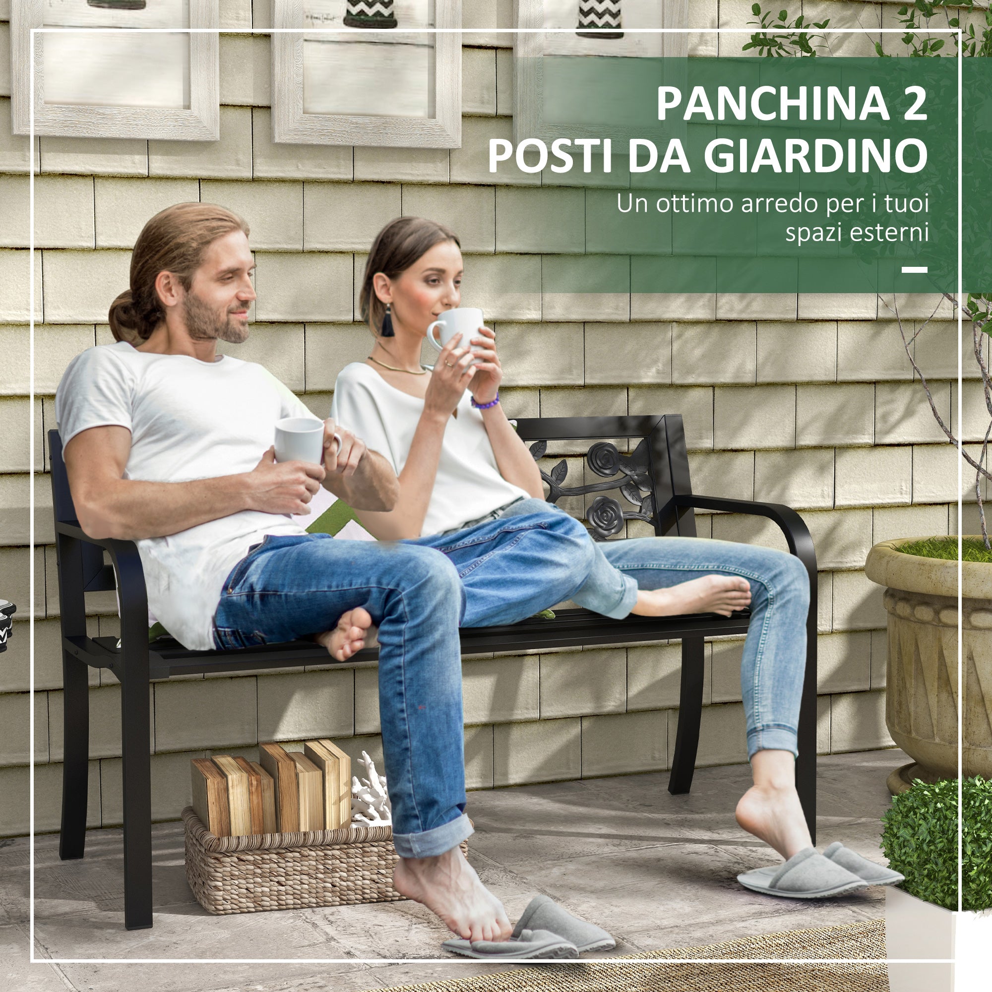 Steel Garden Bench, 2-Seater Outdoor Bench with Decorated Backrest and Armrests, 127x50x75cm, Black
