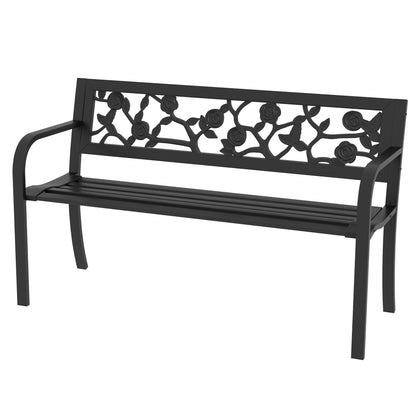 Steel Garden Bench, 2-Seater Outdoor Bench with Decorated Backrest and Armrests, 127x50x75cm, Black