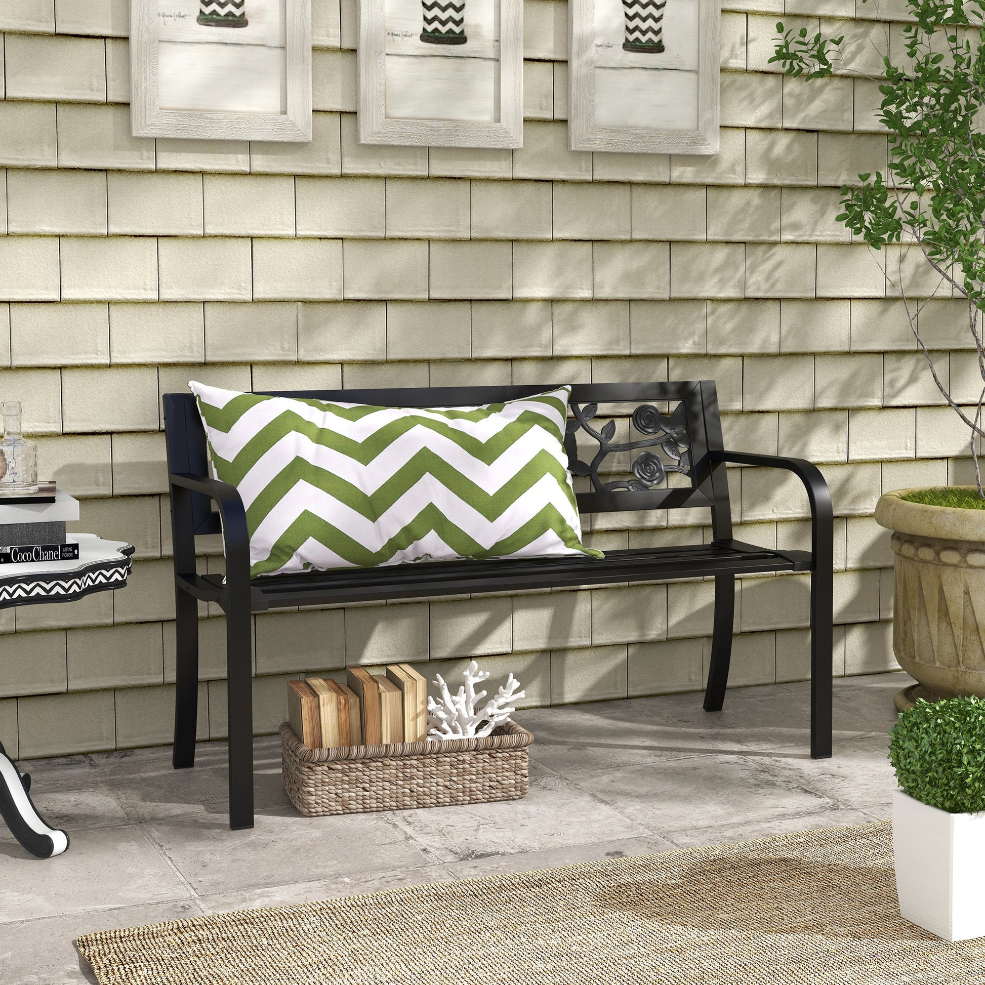 Steel Garden Bench, 2-Seater Outdoor Bench with Decorated Backrest and Armrests, 127x50x75cm, Black