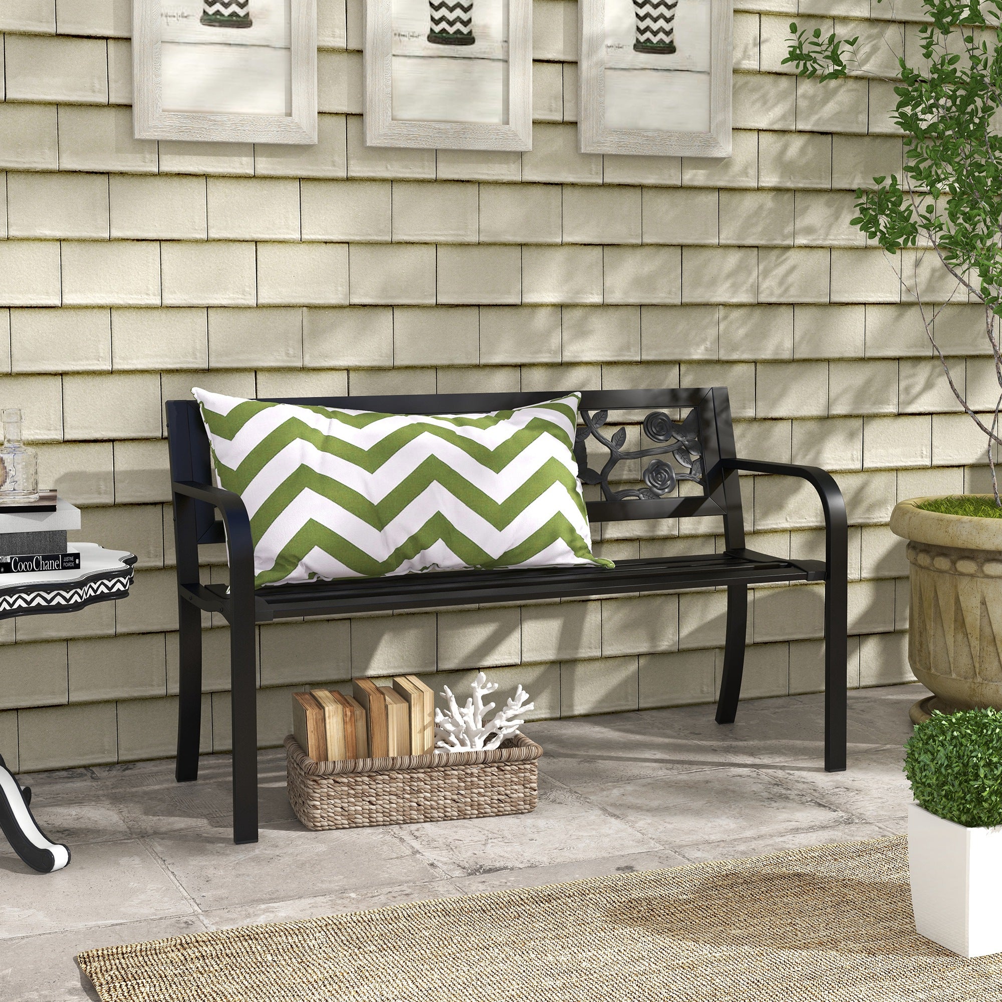 Steel Garden Bench, 2-Seater Outdoor Bench with Decorated Backrest and Armrests, 127x50x75cm, Black