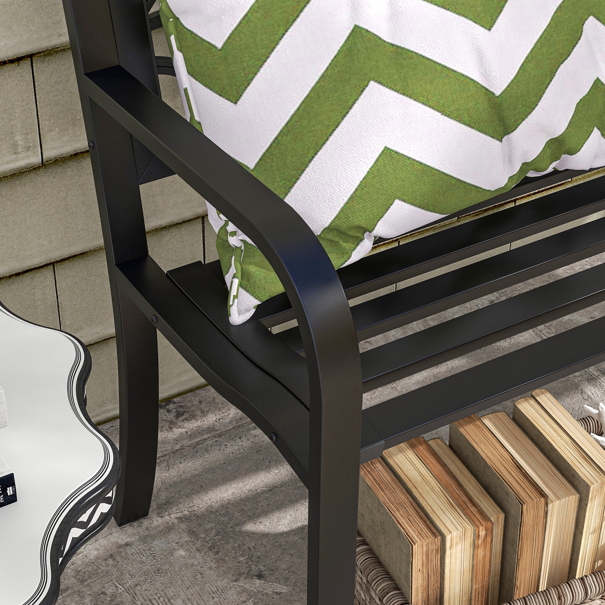 Steel Garden Bench, 2-Seater Outdoor Bench with Decorated Backrest and Armrests, 127x50x75cm, Black