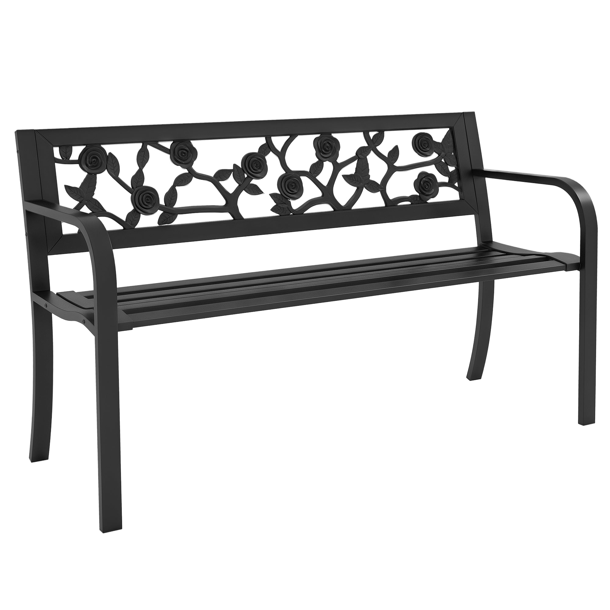 Steel Garden Bench, 2-Seater Outdoor Bench with Decorated Backrest and Armrests, 127x50x75cm, Black
