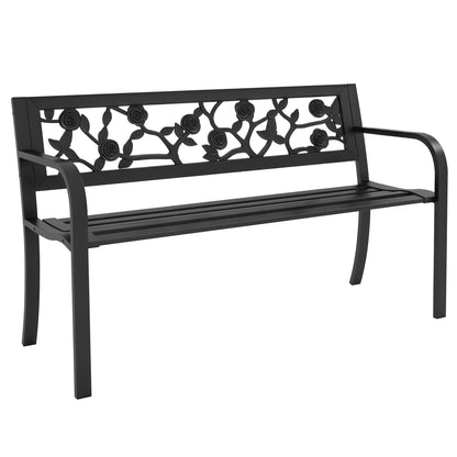 Steel Garden Bench, 2-Seater Outdoor Bench with Decorated Backrest and Armrests, 127x50x75cm, Black