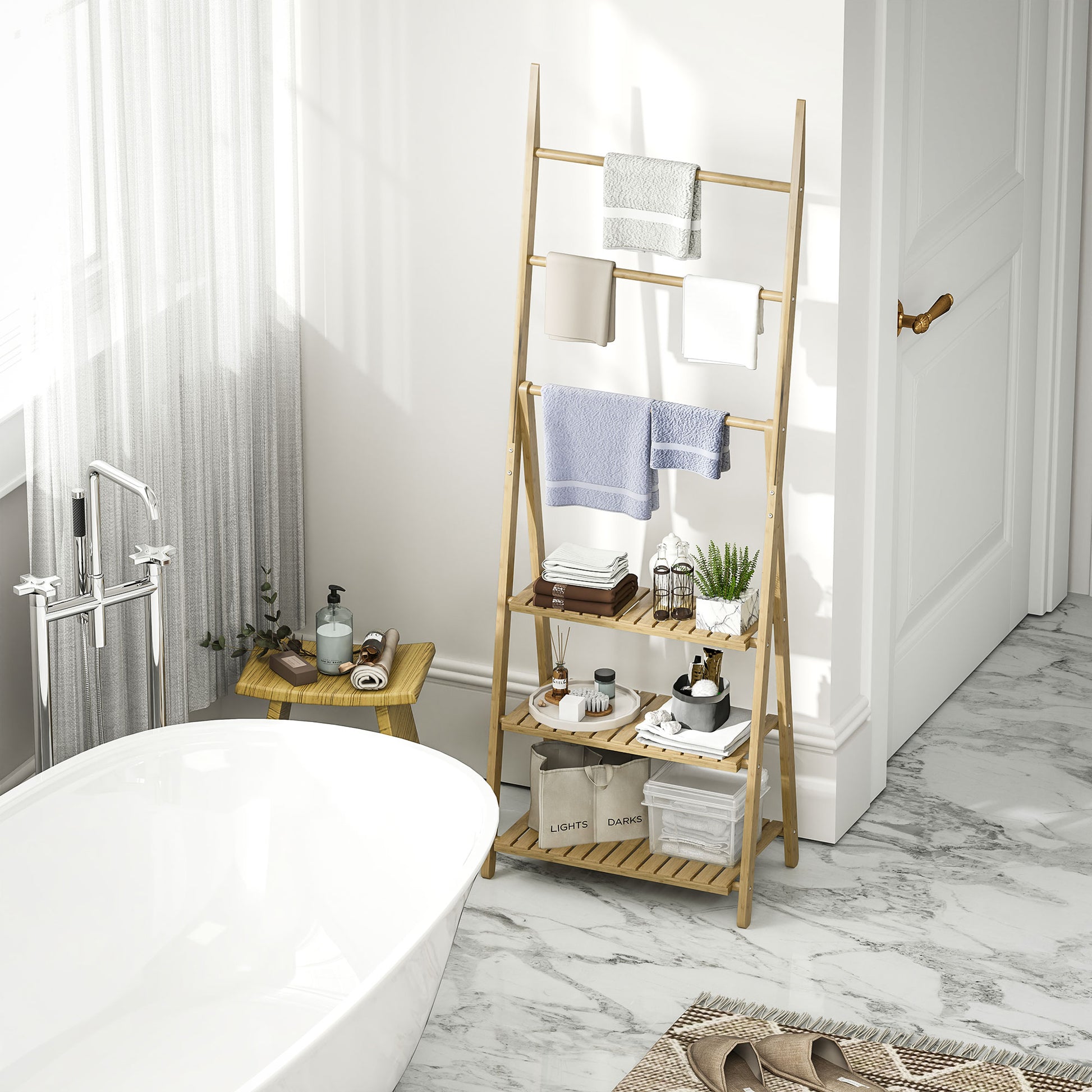 Bamboo Bathroom Shelf with 3 Shelves Foldable Storage Shelf with Towel Bars A-Frame Wood Shelf 53.5x30x53 cm Natural