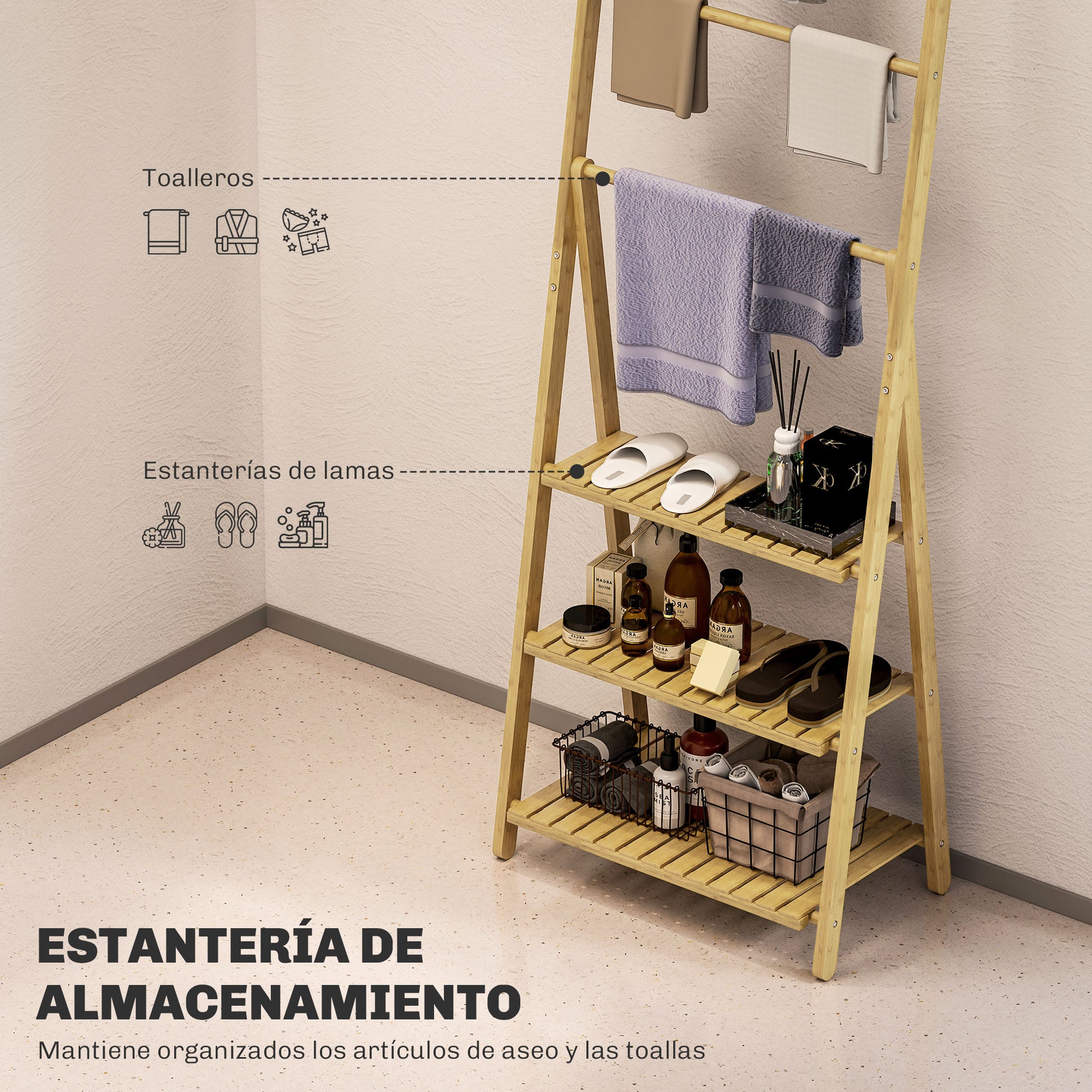 Bamboo Bathroom Shelf with 3 Shelves Foldable Storage Shelf with Towel Bars A-Frame Wood Shelf 53.5x30x53 cm Natural