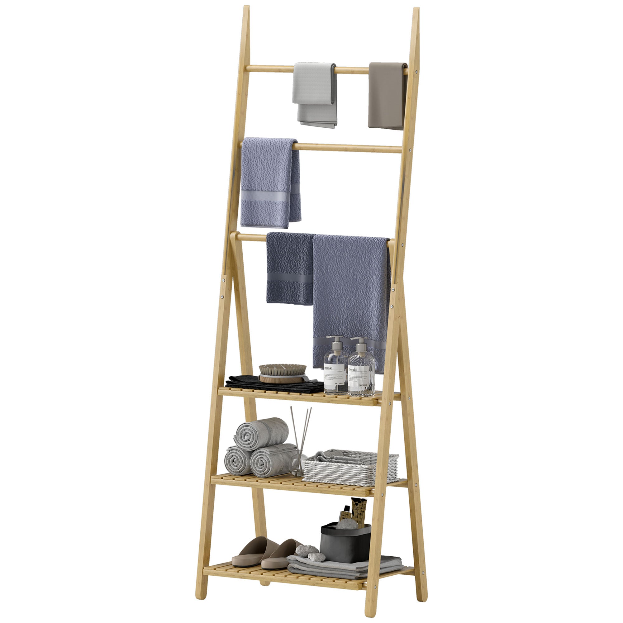 Bamboo Bathroom Shelf with 3 Shelves Foldable Storage Shelf with Towel Bars A-Frame Wood Shelf 53.5x30x53 cm Natural