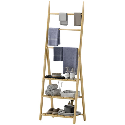 Bamboo Bathroom Shelf with 3 Shelves Foldable Storage Shelf with Towel Bars A-Frame Wood Shelf 53.5x30x53 cm Natural