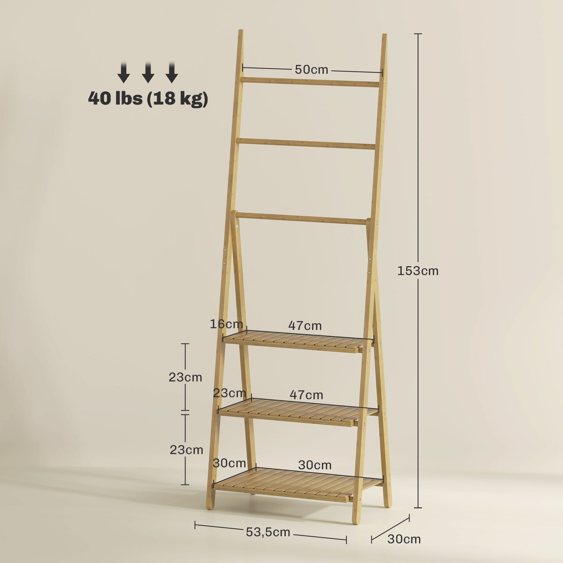 Bamboo Bathroom Shelf with 3 Shelves Foldable Storage Shelf with Towel Bars A-Frame Wood Shelf 53.5x30x53 cm Natural