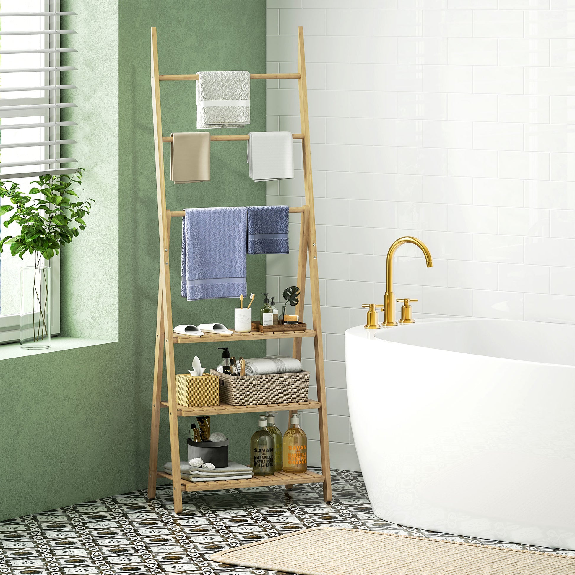 Bamboo Bathroom Shelf with 3 Shelves Foldable Storage Shelf with Towel Bars A-Frame Wood Shelf 53.5x30x53 cm Natural