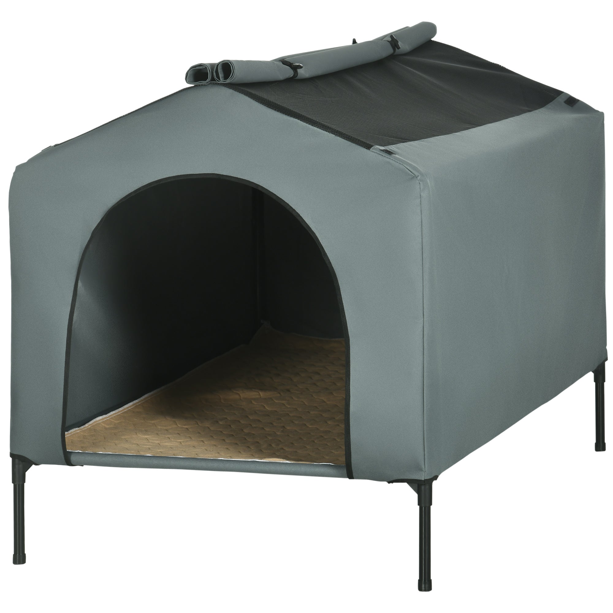 Dog House with Outdoor Cover 130x85x95 cm Raised Pet Bed with Cushion and Roll-up Mesh Windows for Large Dogs Gray