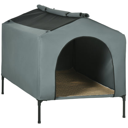 Dog House with Outdoor Cover 130x85x95 cm Raised Pet Bed with Cushion and Roll-up Mesh Windows for Large Dogs Gray