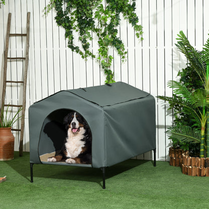 Dog House with Outdoor Cover 130x85x95 cm Raised Pet Bed with Cushion and Roll-up Mesh Windows for Large Dogs Gray