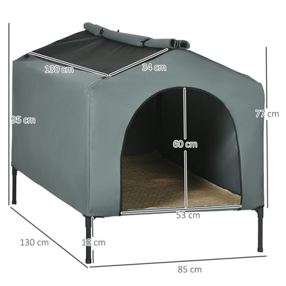Dog House with Outdoor Cover 130x85x95 cm Raised Pet Bed with Cushion and Roll-up Mesh Windows for Large Dogs Gray