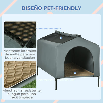 Dog House with Outdoor Cover 130x85x95 cm Raised Pet Bed with Cushion and Roll-up Mesh Windows for Large Dogs Gray
