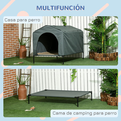 Dog House with Outdoor Cover 130x85x95 cm Raised Pet Bed with Cushion and Roll-up Mesh Windows for Large Dogs Gray