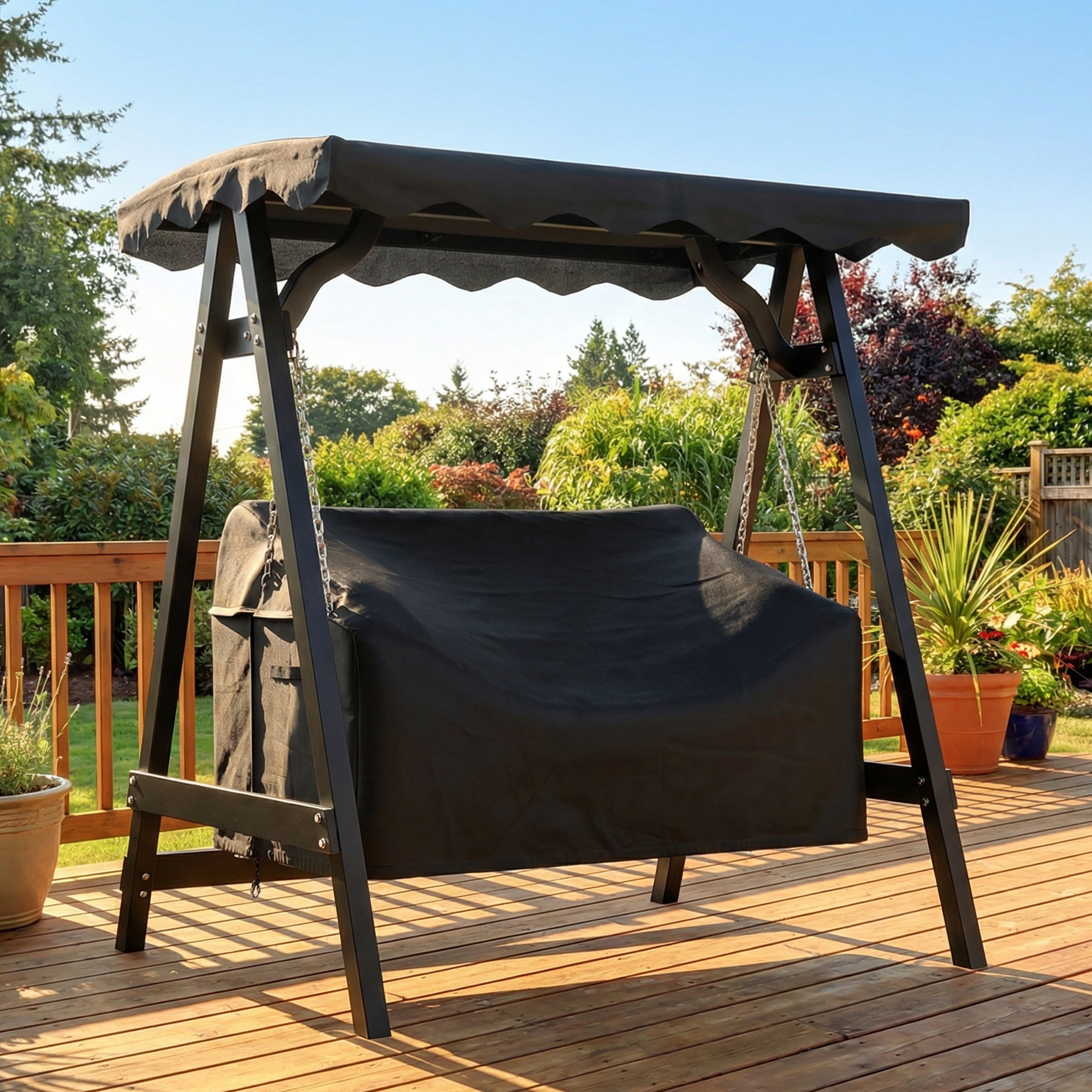 2-Seater Swing Cover, Waterproof & Windproof Protective Cover for Garden Swing, UV-Resistant, 142 x 76 x 81 cm (56 x 30 x 32 in) — Black