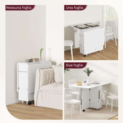 Drop Leaf Table with 3 Levels Shelves, Storage Box, and Wheels, Folding Table in MDF, 130x80x76.5 cm, White