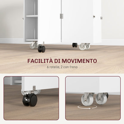 Drop Leaf Table with 3 Levels Shelves, Storage Box, and Wheels, Folding Table in MDF, 130x80x76.5 cm, White