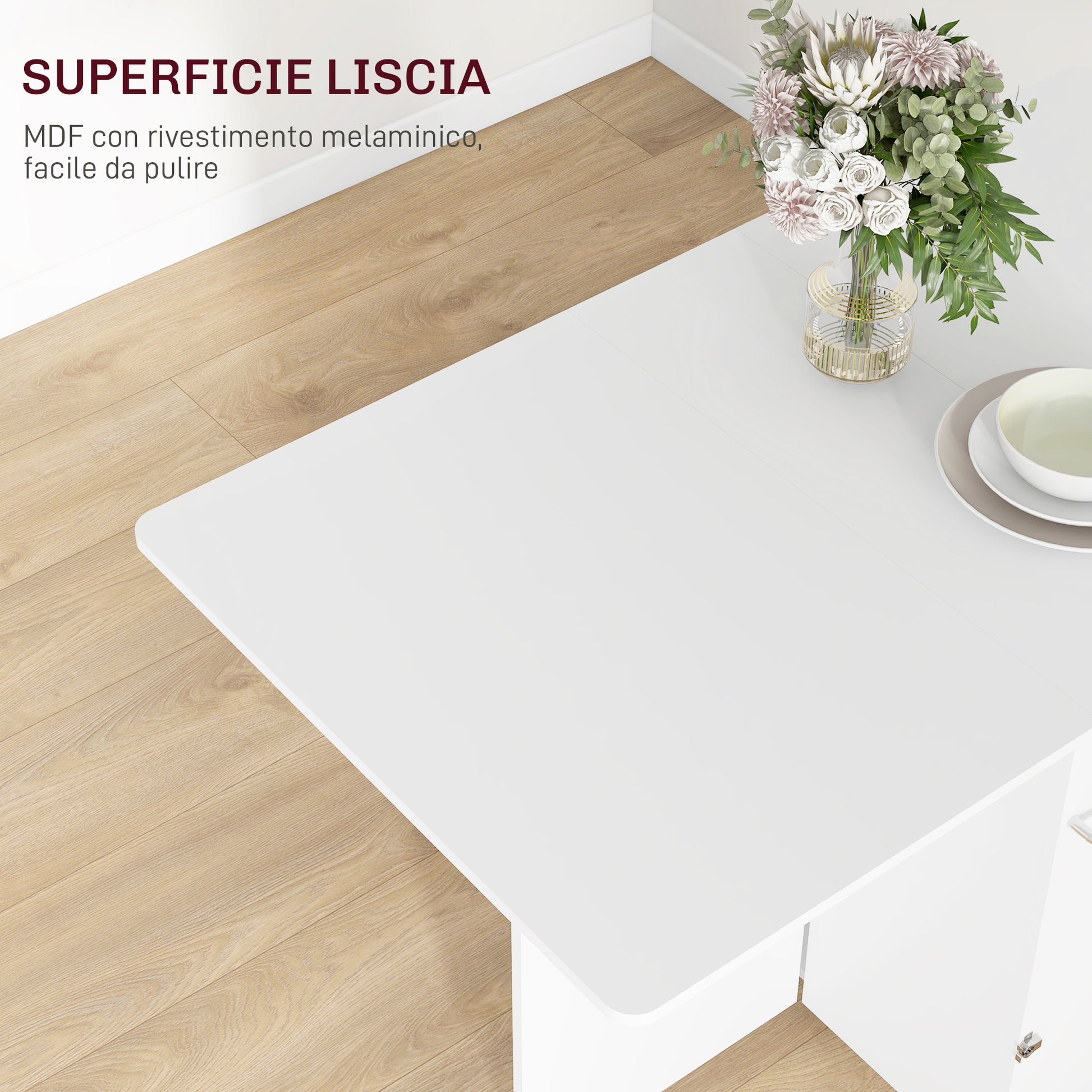 Drop Leaf Table with 3 Levels Shelves, Storage Box, and Wheels, Folding Table in MDF, 130x80x76.5 cm, White