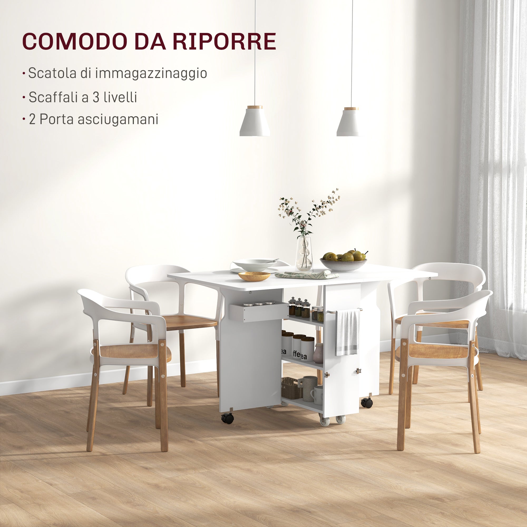 Drop Leaf Table with 3 Levels Shelves, Storage Box, and Wheels, Folding Table in MDF, 130x80x76.5 cm, White