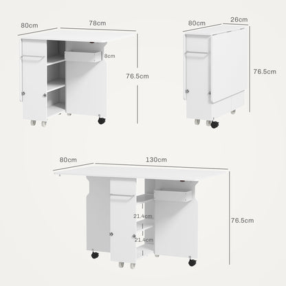 Drop Leaf Table with 3 Levels Shelves, Storage Box, and Wheels, Folding Table in MDF, 130x80x76.5 cm, White