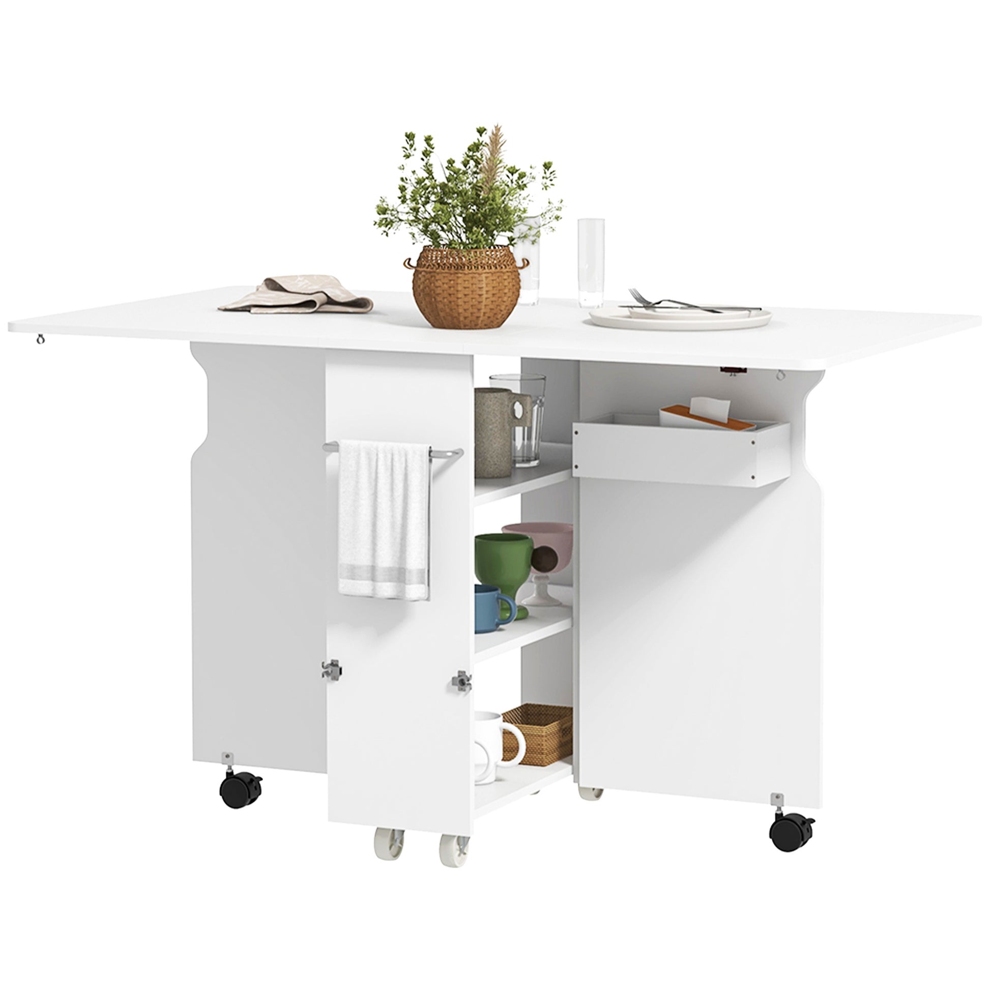 Drop Leaf Table with 3 Levels Shelves, Storage Box, and Wheels, Folding Table in MDF, 130x80x76.5 cm, White