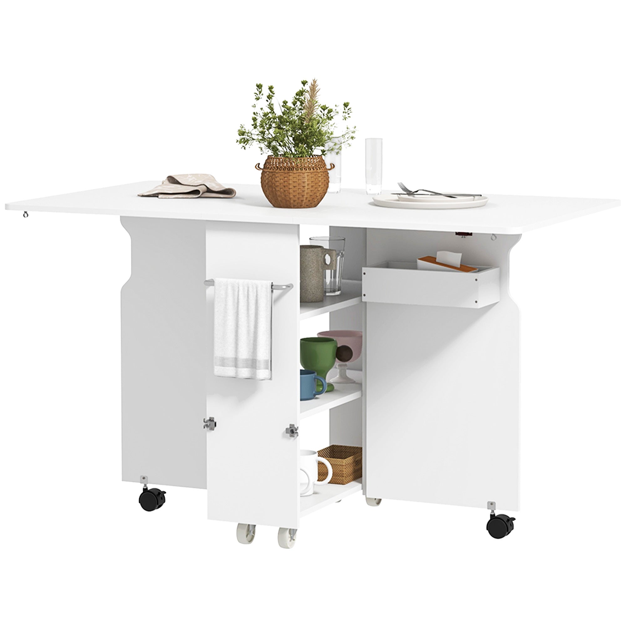 Drop Leaf Table with 3 Levels Shelves, Storage Box, and Wheels, Folding Table in MDF, 130x80x76.5 cm, White