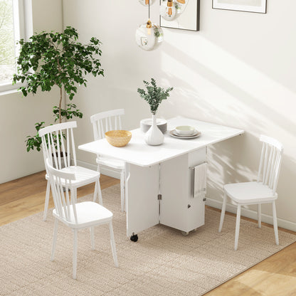 Drop Leaf Table with 3 Levels Shelves, Storage Box, and Wheels, Folding Table in MDF, 130x80x76.5 cm, White
