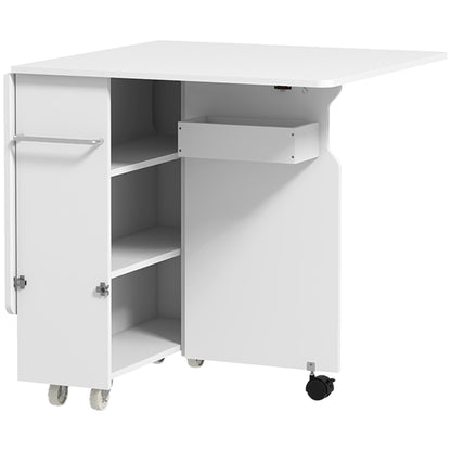 Drop Leaf Table with 3 Levels Shelves, Storage Box, and Wheels, Folding Table in MDF, 130x80x76.5 cm, White