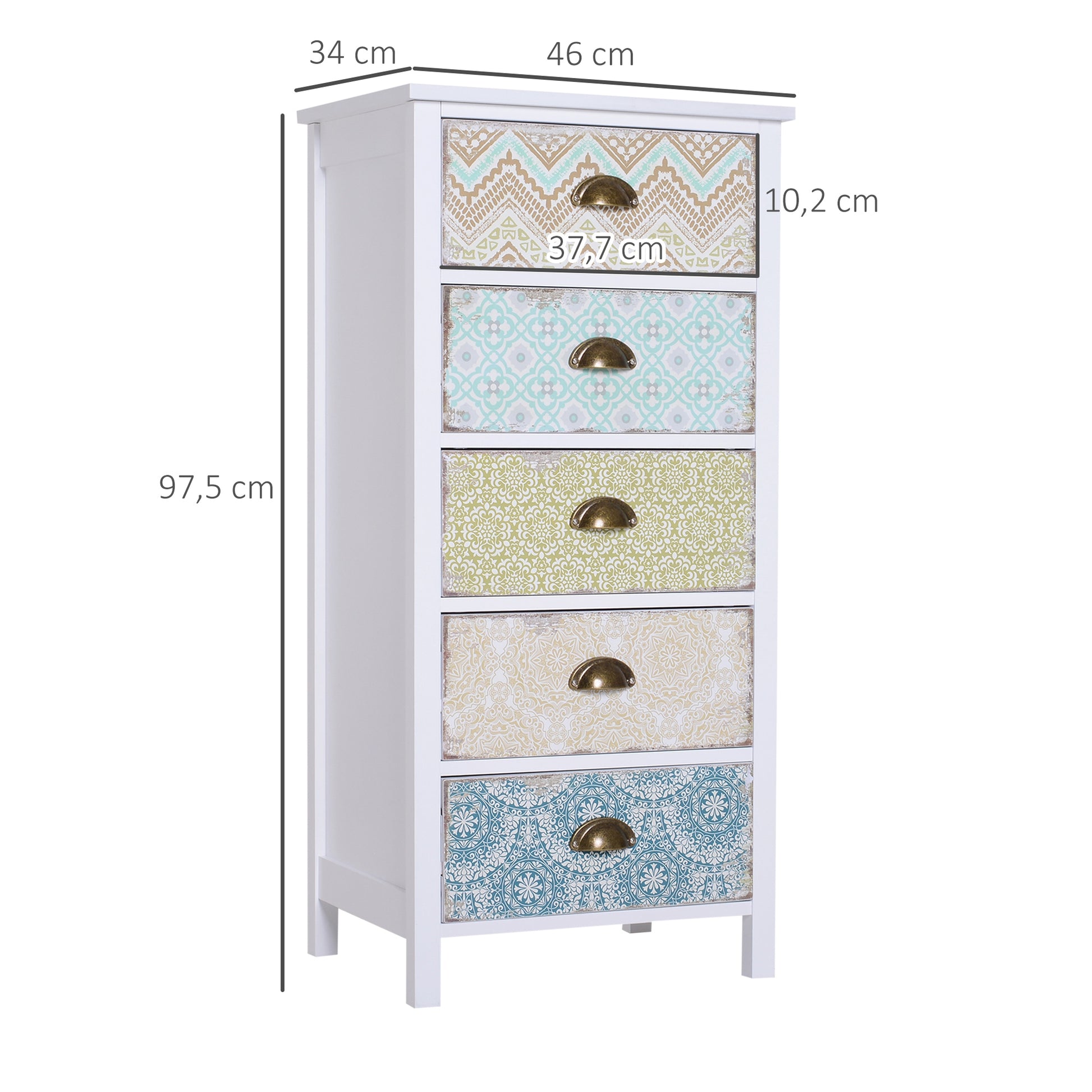 Bedroom Chest of Drawers with 5 Drawers with Patterned Fronts and Vintage Handles Chest of Drawers for Living Room Office 46x34x97.5 cm Multicolor