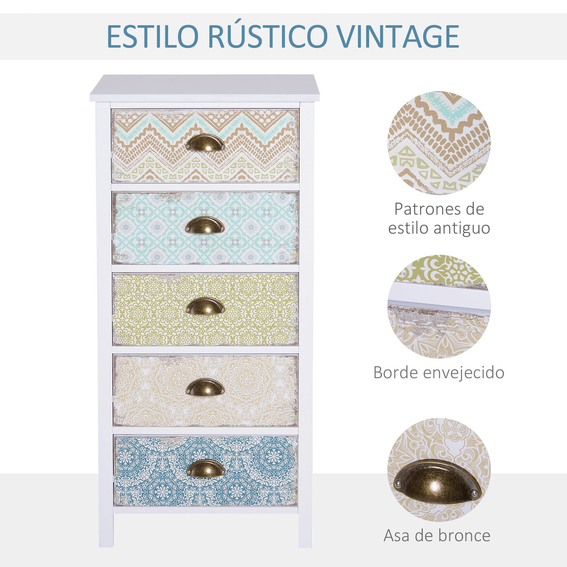 Bedroom Chest of Drawers with 5 Drawers with Patterned Fronts and Vintage Handles Chest of Drawers for Living Room Office 46x34x97.5 cm Multicolor