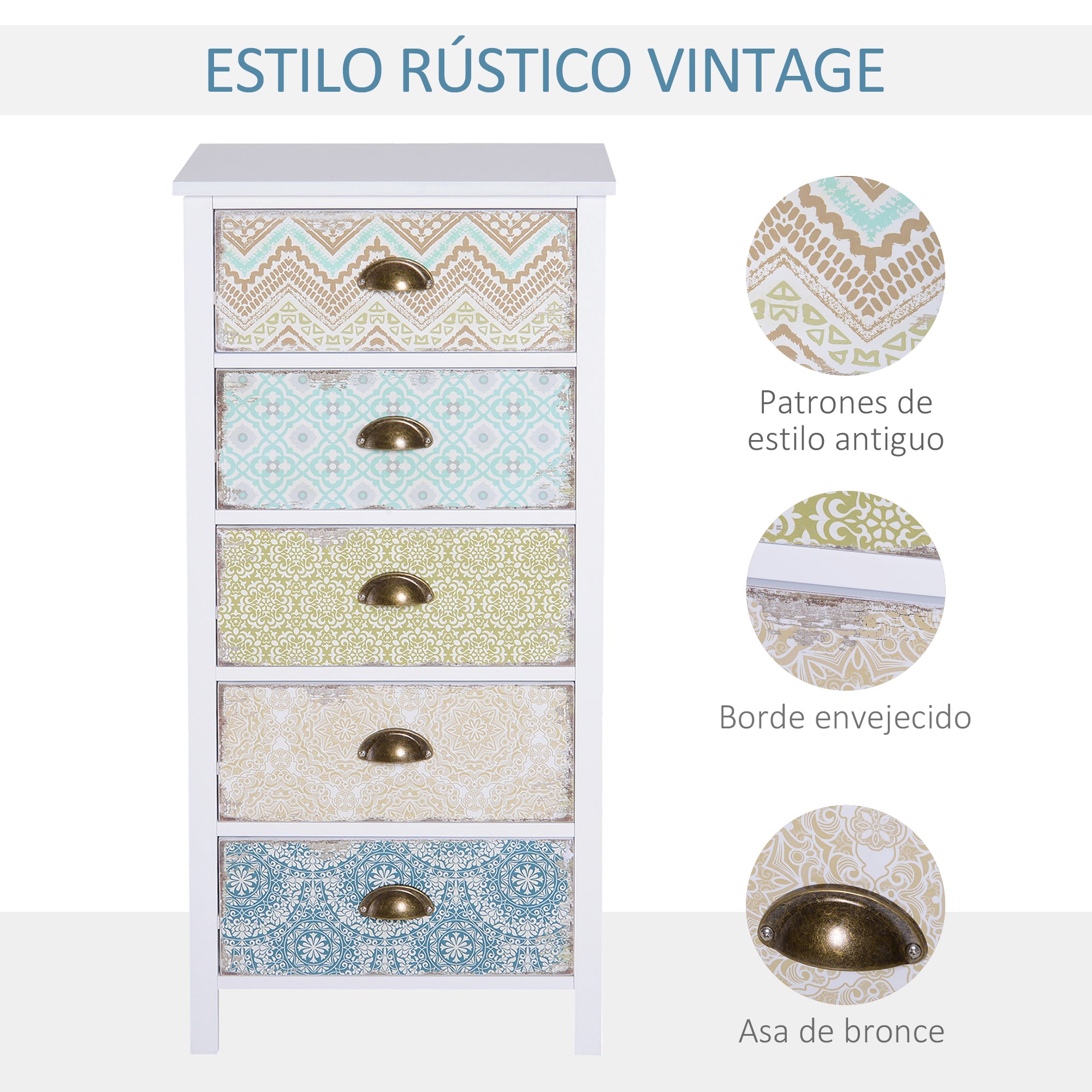 Bedroom Chest of Drawers with 5 Drawers with Patterned Fronts and Vintage Handles Chest of Drawers for Living Room Office 46x34x97.5 cm Multicolor